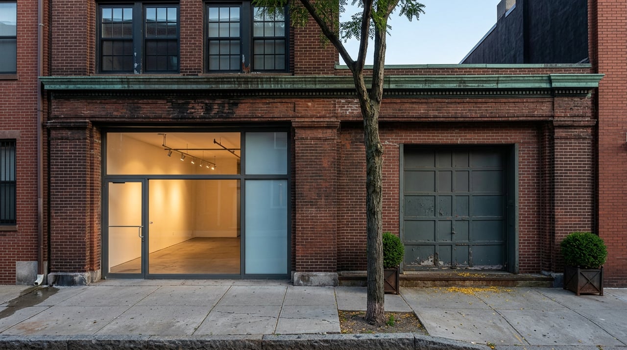 Converted brick industrial building with black-framed windows and a warmly lit glass storefront at dusk.
