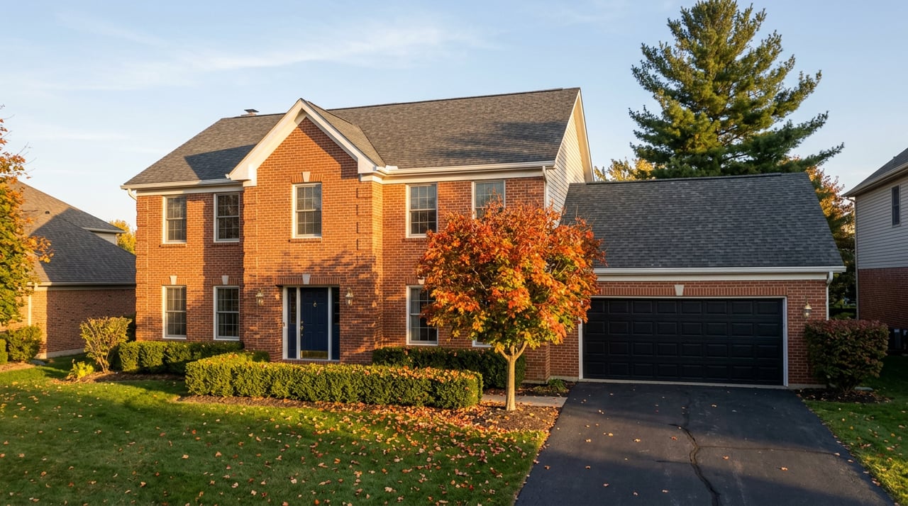 Two-story red brick home with a black garage door, orange-red maple, and fallen leaves across the lawn.