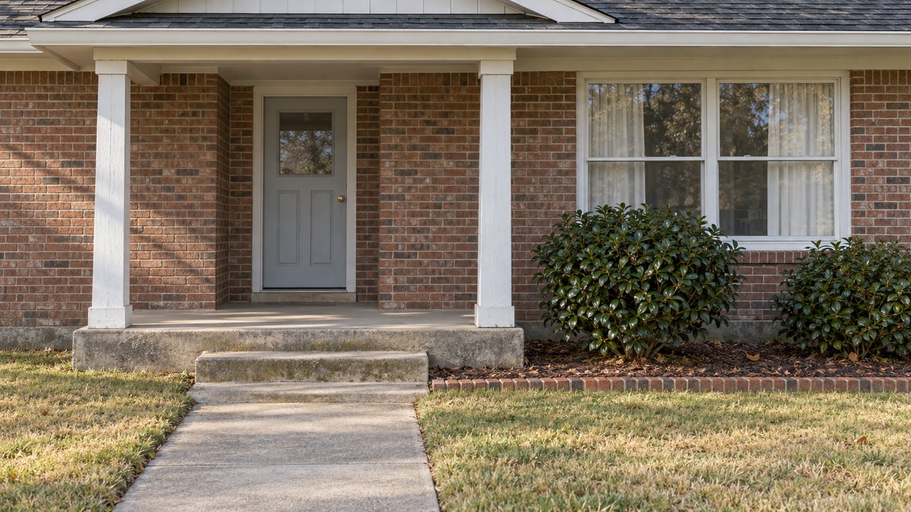 A modest red-brick home with a sheltered white-post porch, concrete front steps and camellias beside a broad window.