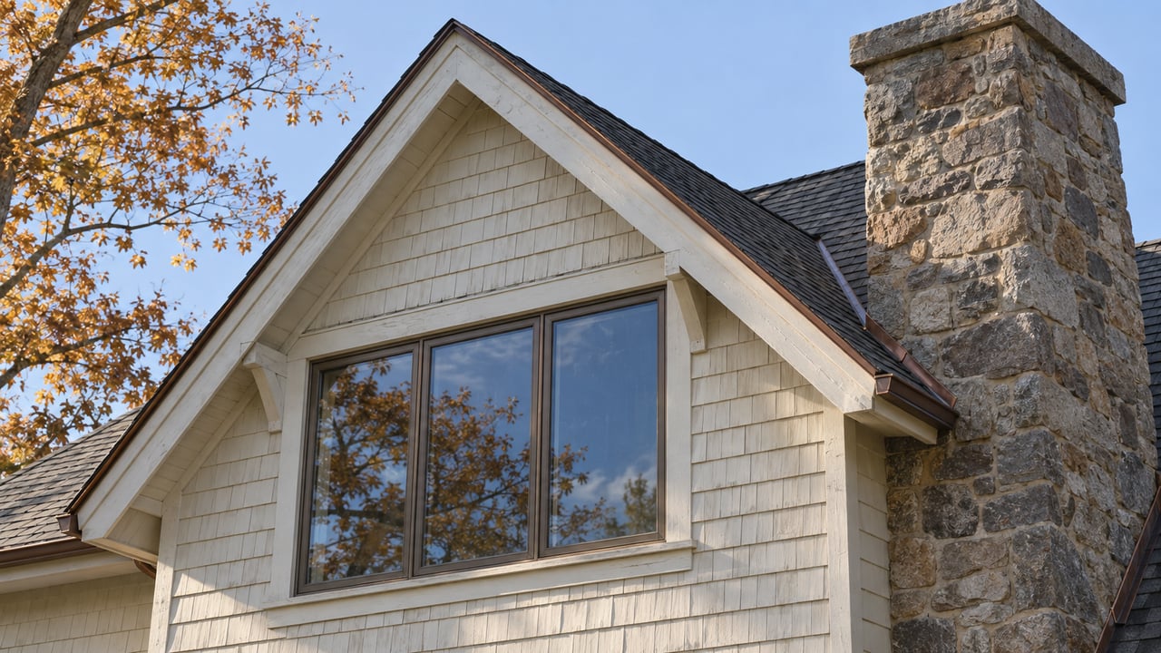 Autumn sunlight on an off-white shingled gable, bronze-framed window, and granite chimney, with amber maple branches at the edge.