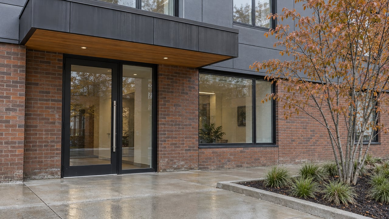 Contemporary residential entrance with russet brick, charcoal panels, a wood-lined canopy and copper-leaved serviceberry beside a concrete landing.