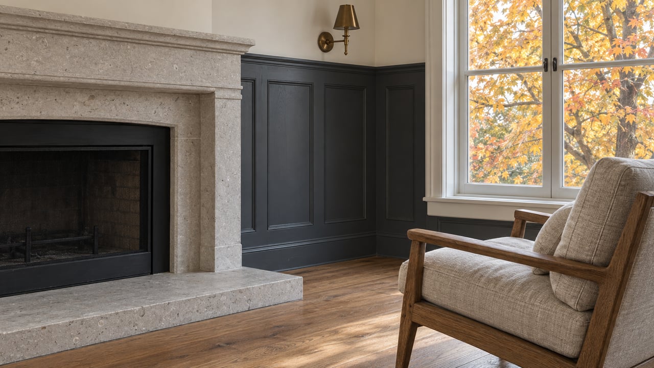 Limestone fireplace and charcoal paneling beside a closed wood-framed window, with an oak and linen chair on a warm oak floor.