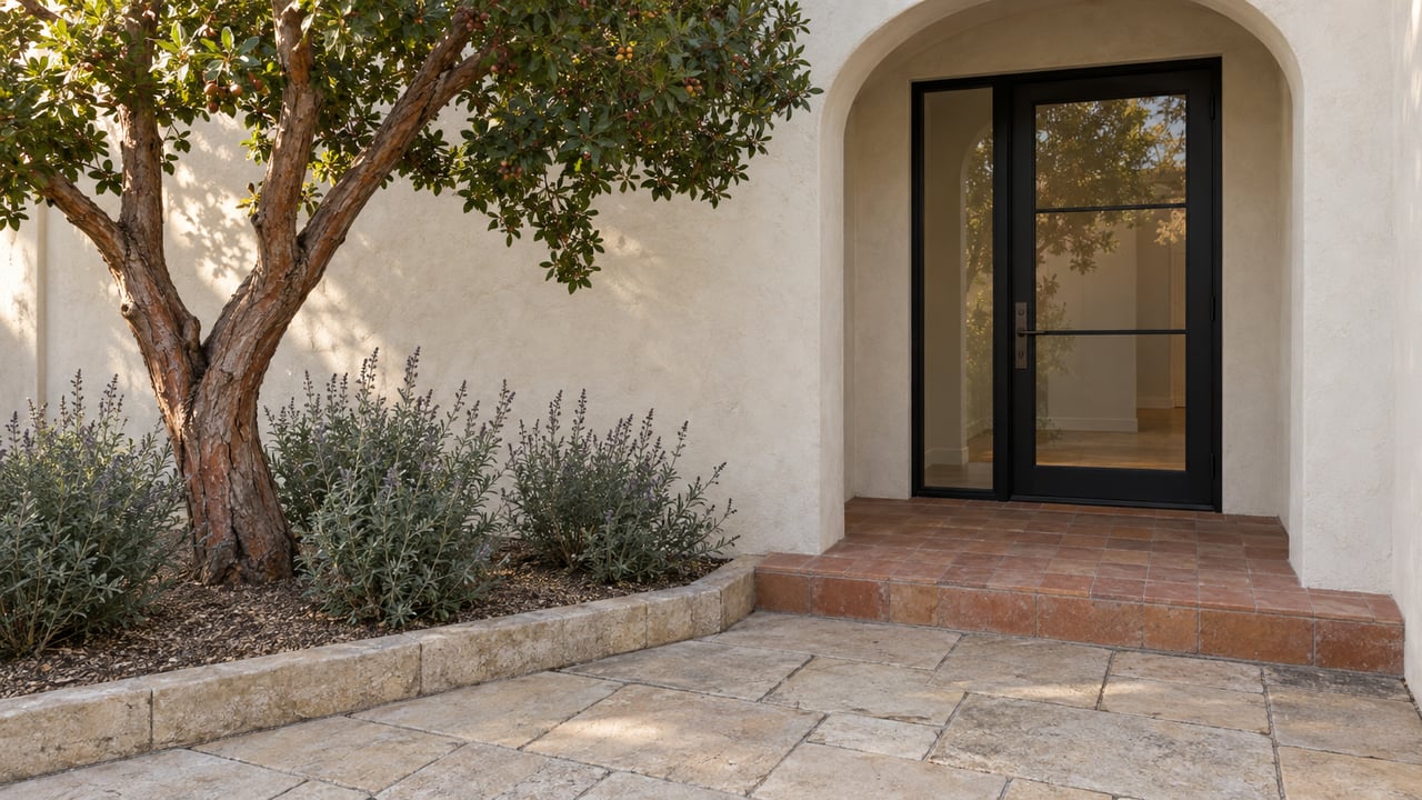 Cream stucco entry courtyard with an arched recess, black-framed glass door, terracotta step, and sculptural strawberry tree.
