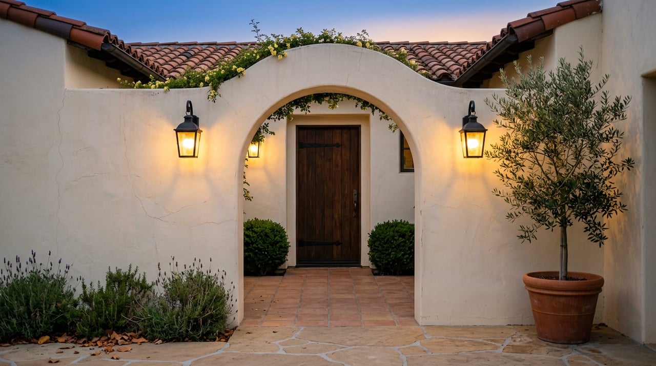 Stucco arch frames a tiled courtyard, dark plank door, and iron lanterns glowing at dusk.