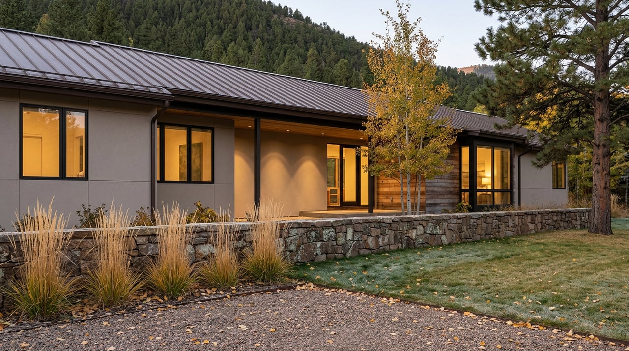 Modern foothill home with golden aspens, warm-lit windows, and a forested ridge behind.