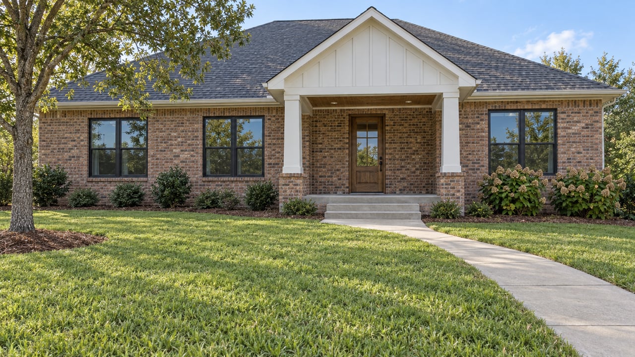 Brick single-family home with a white porch gable, dark roof, oak front door, and a deep lawn beside a concrete approach.