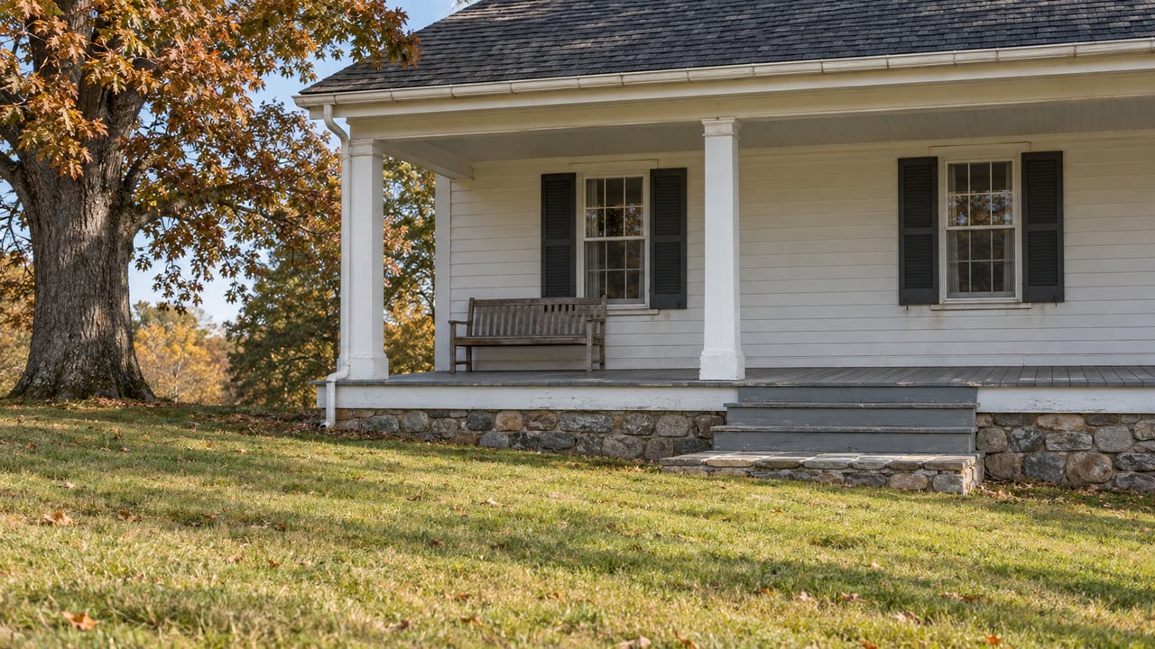 Cream clapboard farmhouse with a shaded timber veranda, fieldstone foundation and broad autumn lawn beside a mature white oak.