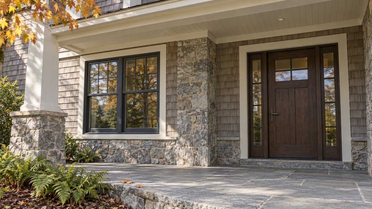 Autumn light across a cedar-shingled home’s covered entry, with a dark oak door, gray stone pier and bluestone terrace.
