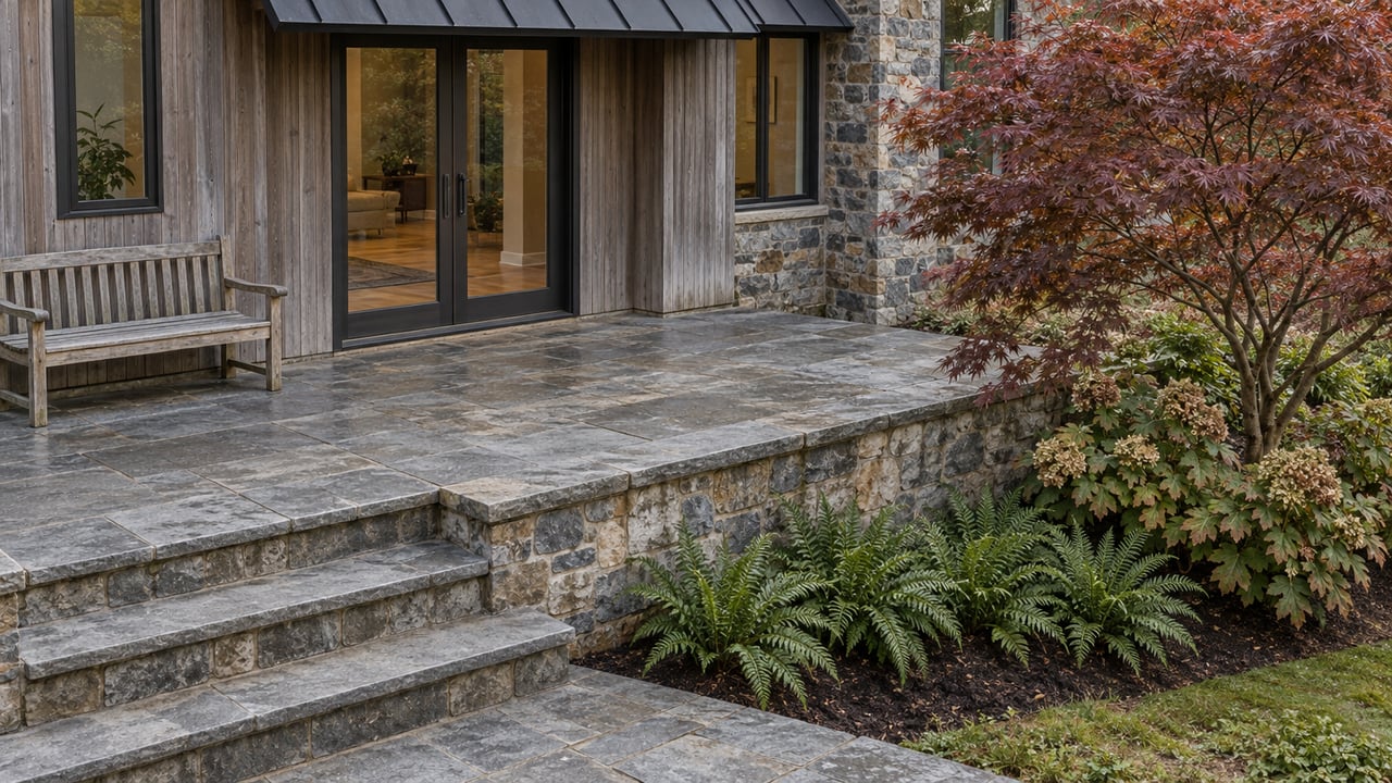 Stone steps rise to a paved terrace beside a cedar-and-stone house, with a Japanese maple, oakleaf hydrangeas and evergreen ferns in the adjoining garden.