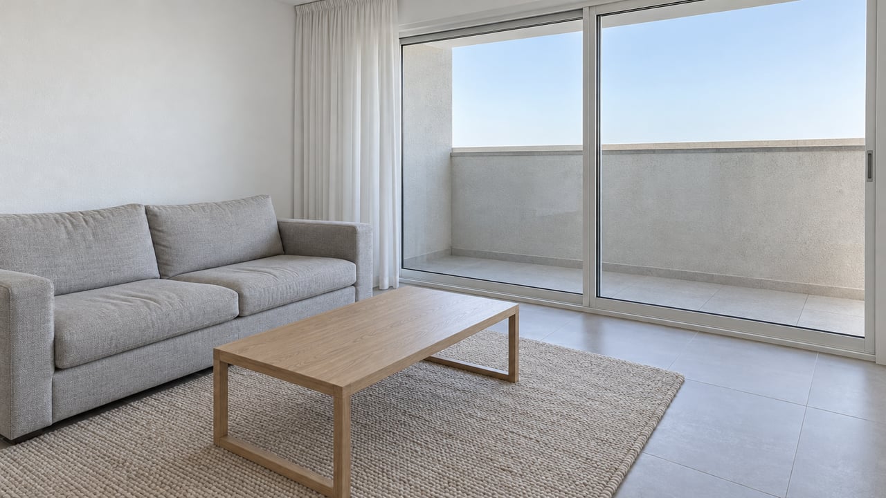 Bright condominium living room with a light-gray sofa, pale oak coffee table, and closed glass doors opening visually onto a pale masonry balcony.