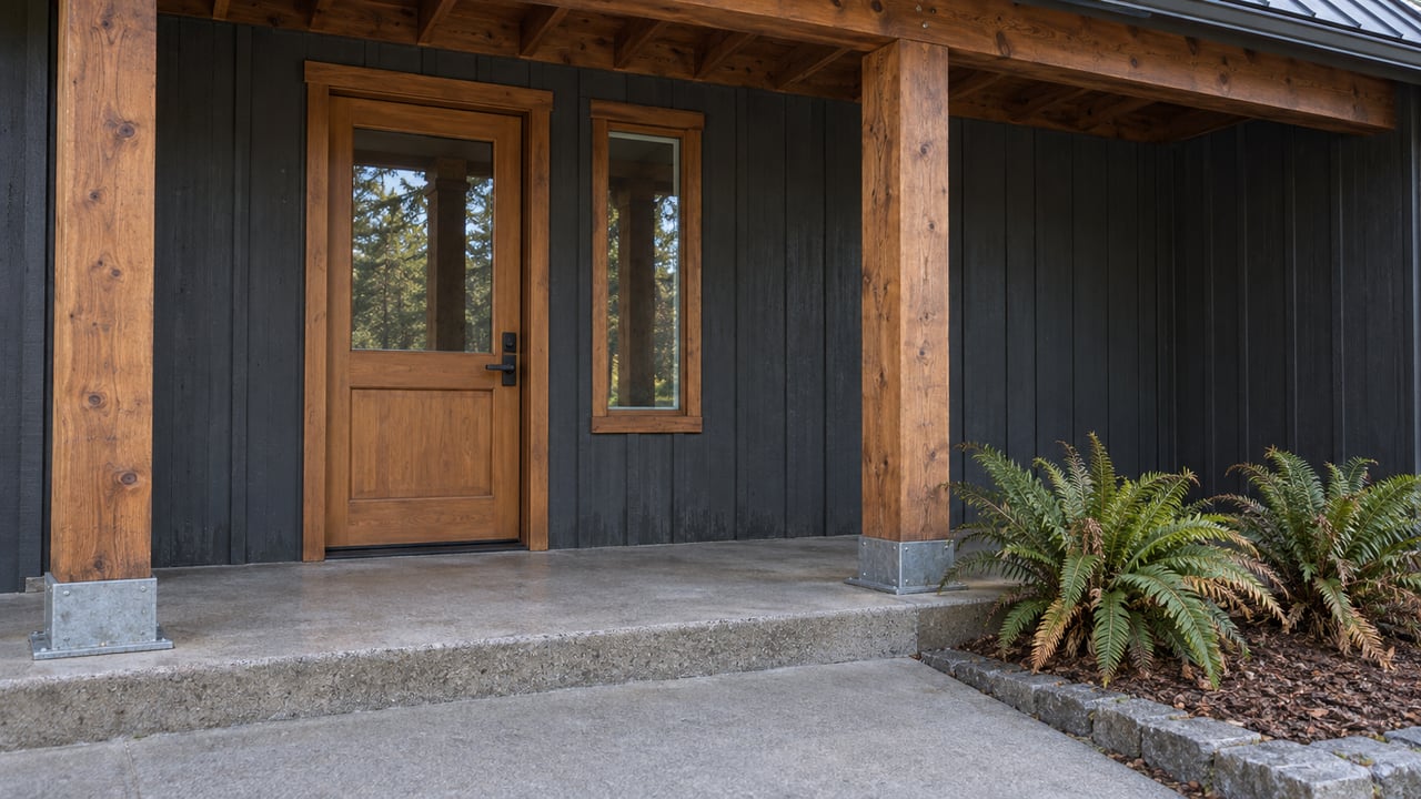 A sheltered timber cottage entry with charcoal siding, a glazed wood door, weathered concrete steps and two sword ferns.