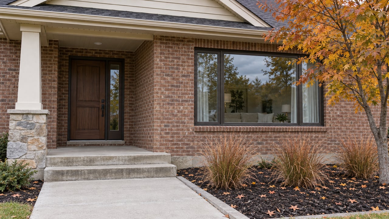 Brick home entrance with a covered gabled porch, weathered concrete steps and orange maple leaves beside a broad window.