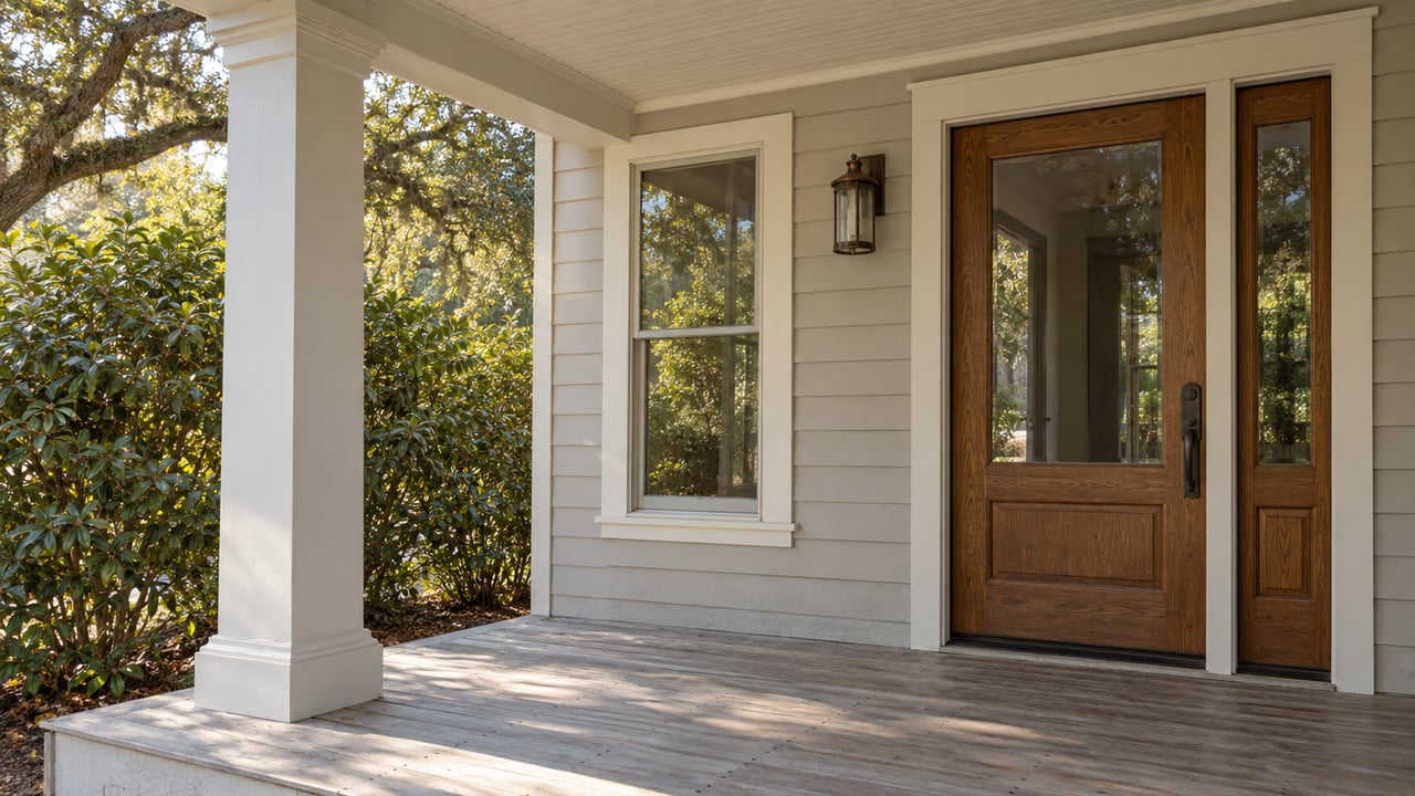 Sunlight crosses a weathered timber porch beside a glazed oak entry door, ivory trim, and a mature camellia.
