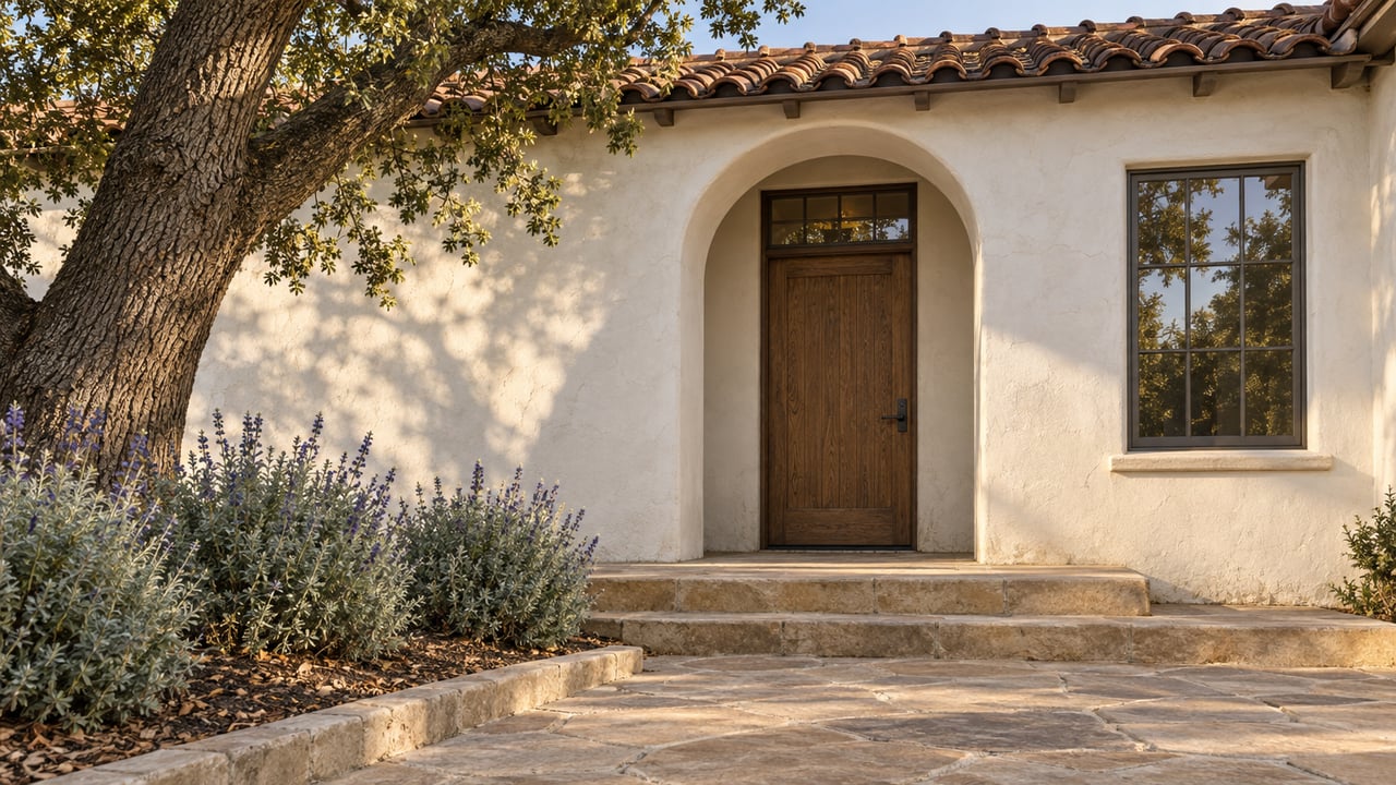Sunlit white stucco estate entrance with an arched oak door, clay roof tiles, sandstone steps and a mature oak.