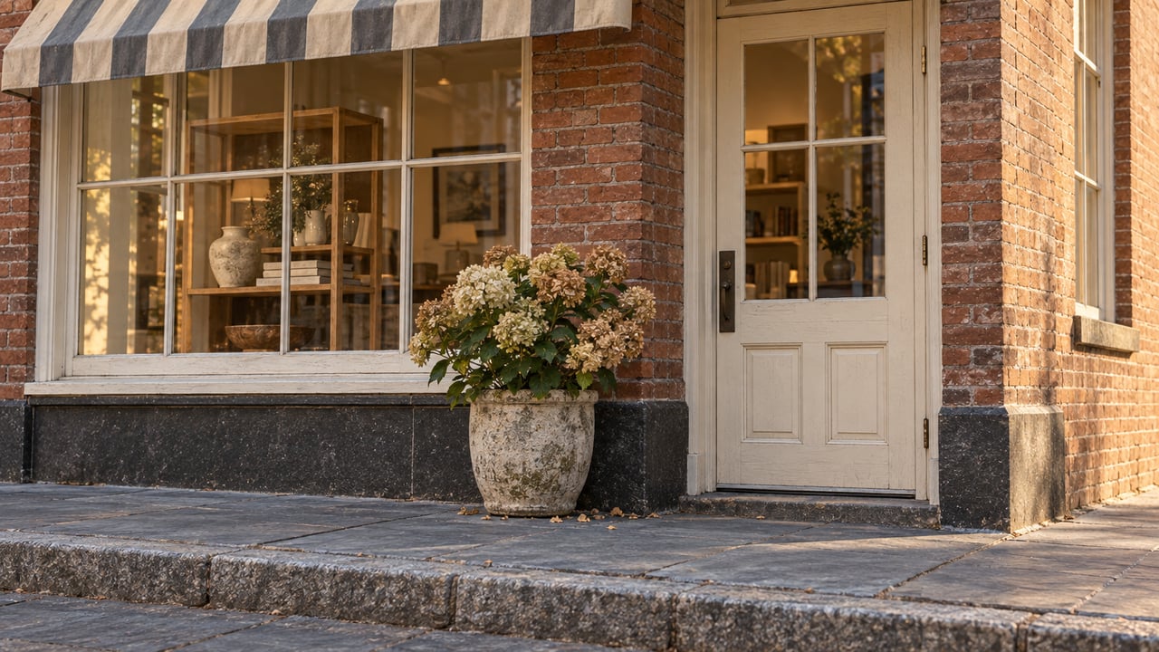 Brick corner storefront with a striped awning, divided-light window, glazed door, and tan hydrangeas in a stone planter.