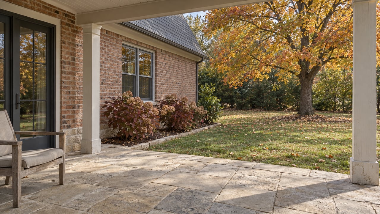 Weathered limestone patio beside a brick home, with an oak outdoor chair and a maple turning yellow and orange beyond the lawn.