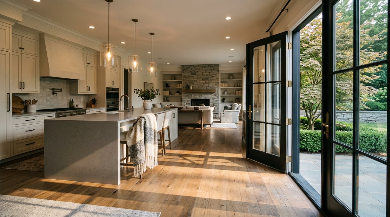 Open-plan great room with a kitchen island, stone fireplace, and French doors casting long sunlit patterns across oak flooring.