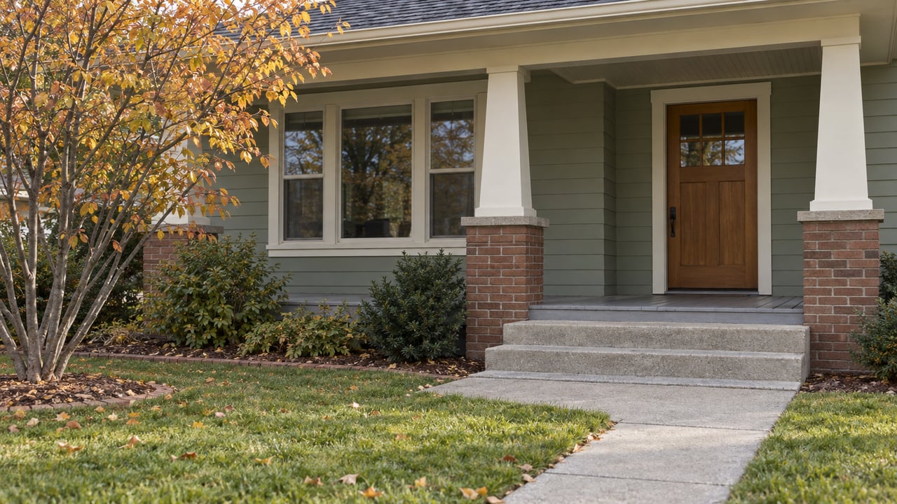 Sage-painted bungalow porch with brick column bases, an oak entry door and a copper-leaved serviceberry beside the front lawn.