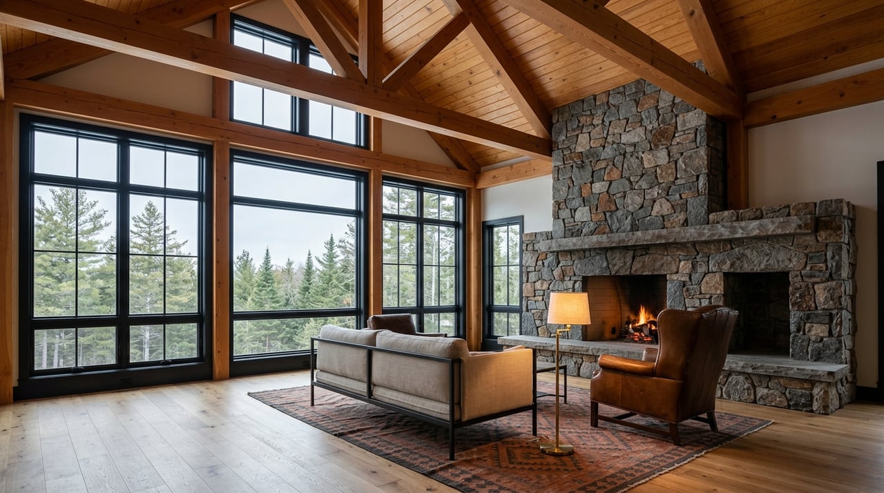 Lodge great room with a fieldstone fireplace, timber trusses, leather chair, and pine trees beyond tall windows.