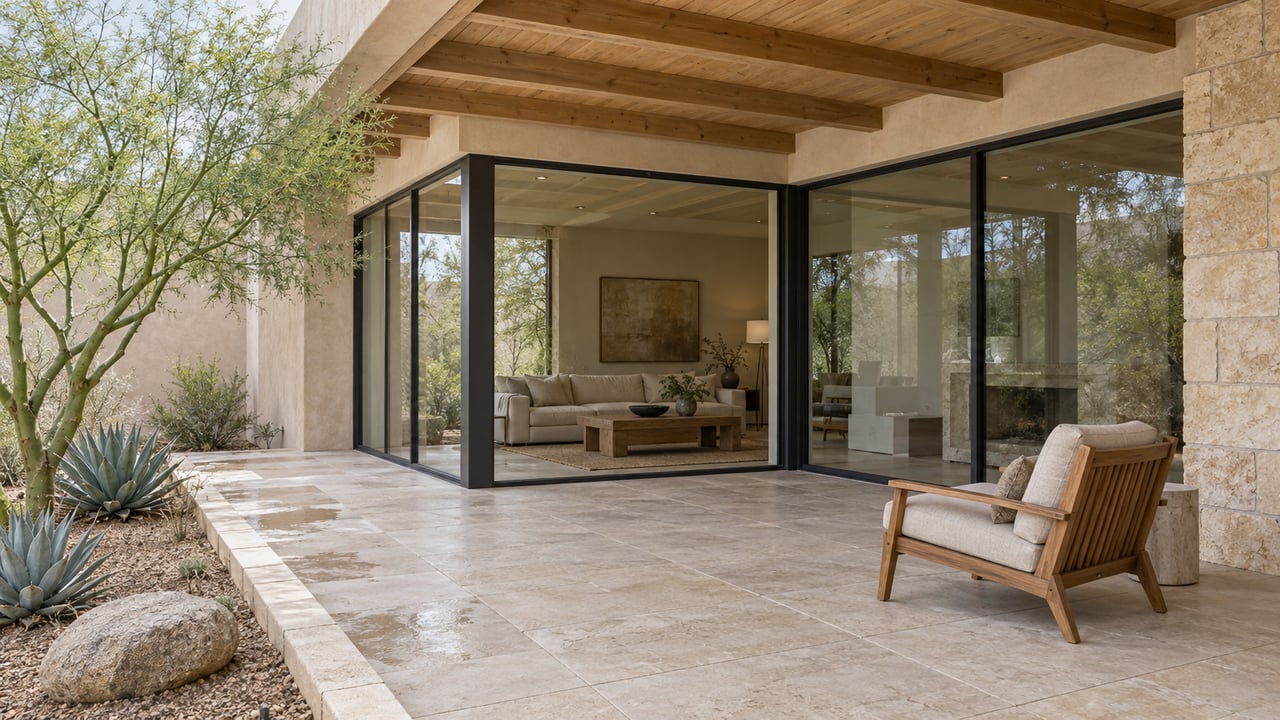 Covered limestone terrace with timber soffit, closed floor-to-ceiling glazing and a raised desert planting bed after rain.
