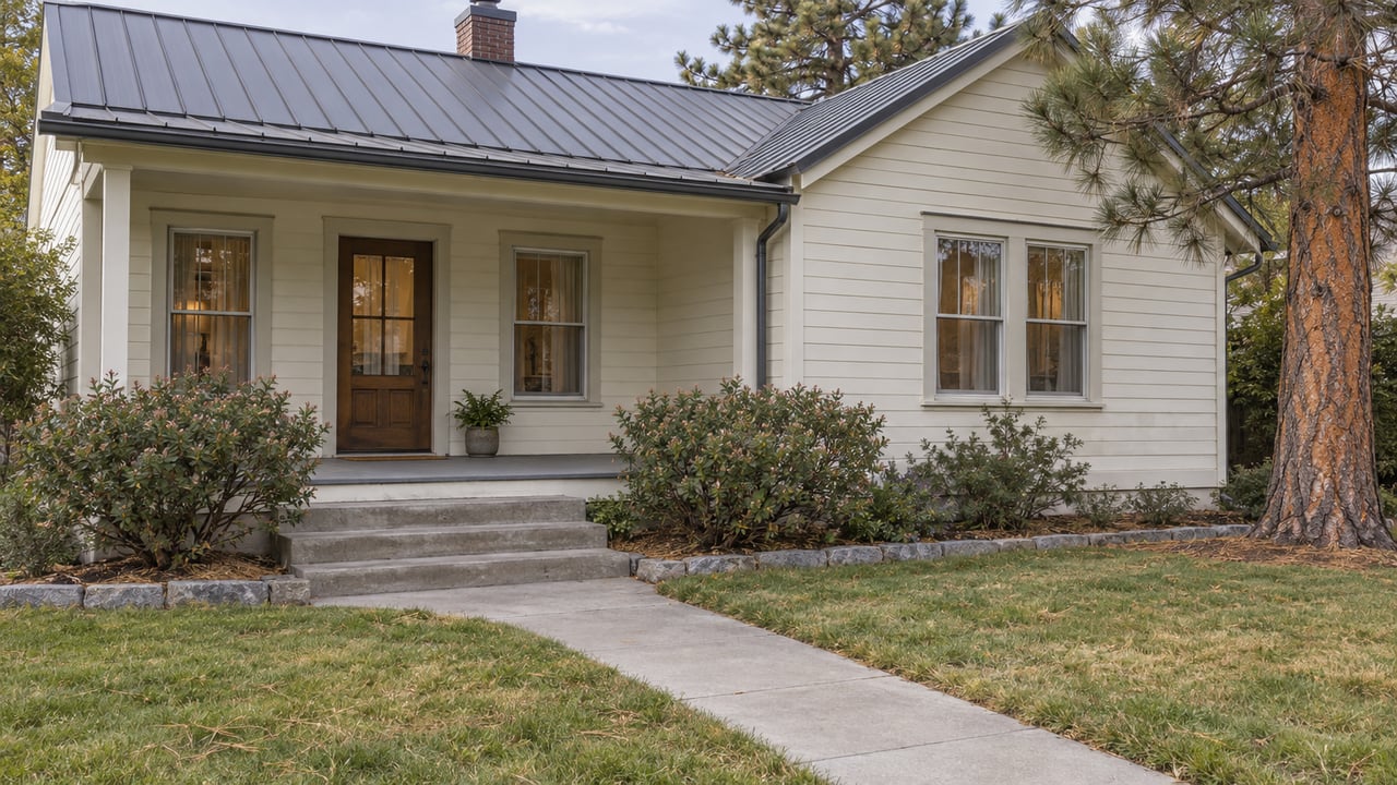 Cream wood-sided home with a covered porch, gray metal roof and autumn lawn beside a mature pine.