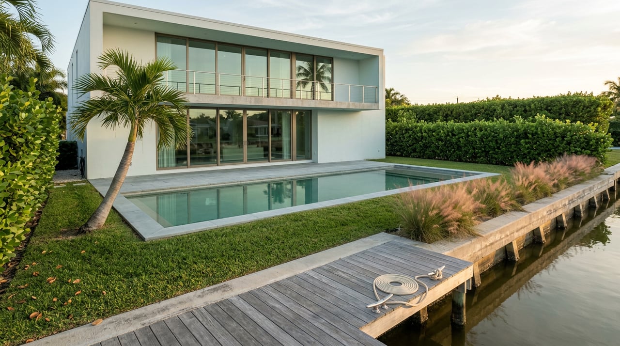 Canal-front home with a linear pool, grey dock, and triangle palm.