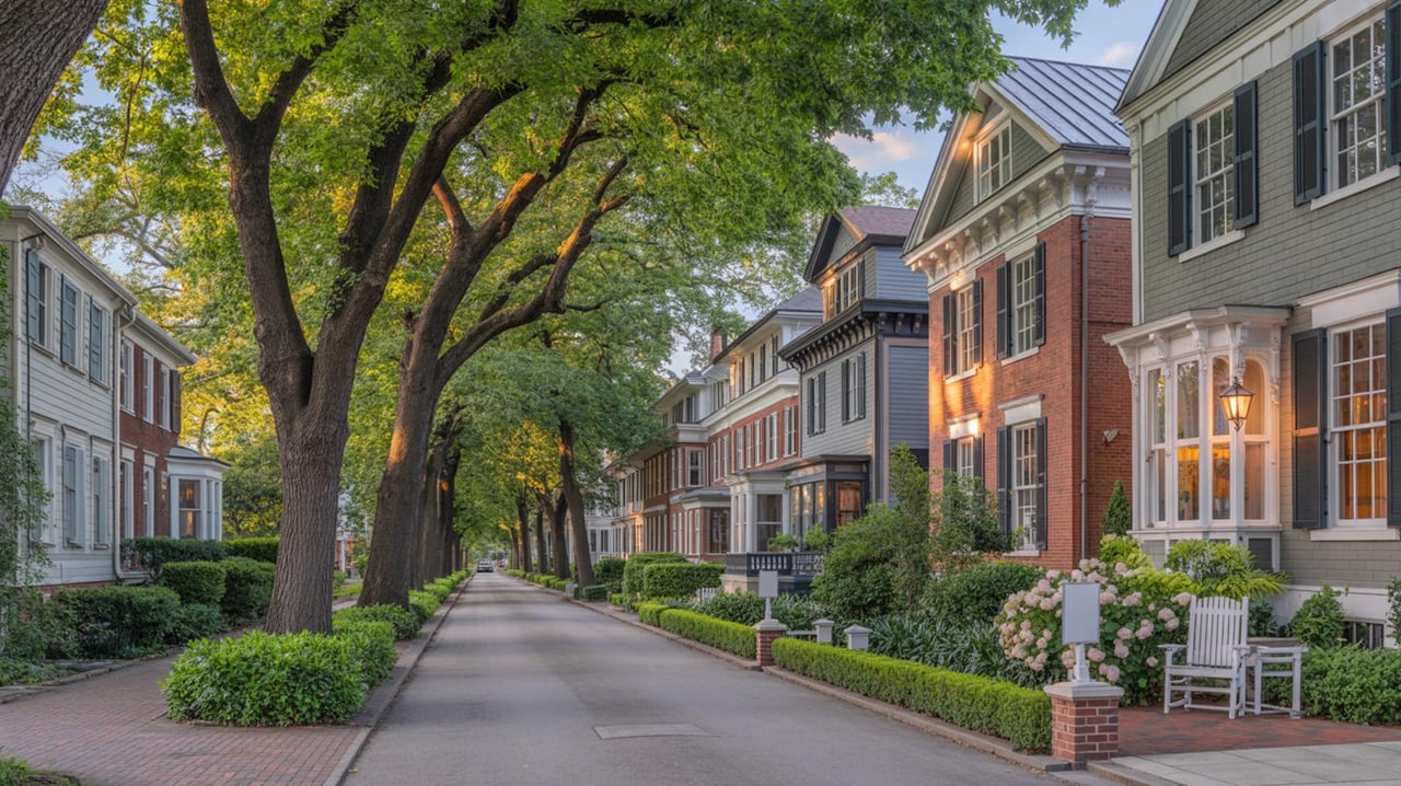 Tree-lined residential street with brick and clapboard houses, hedges, and white chairs on a front porch.