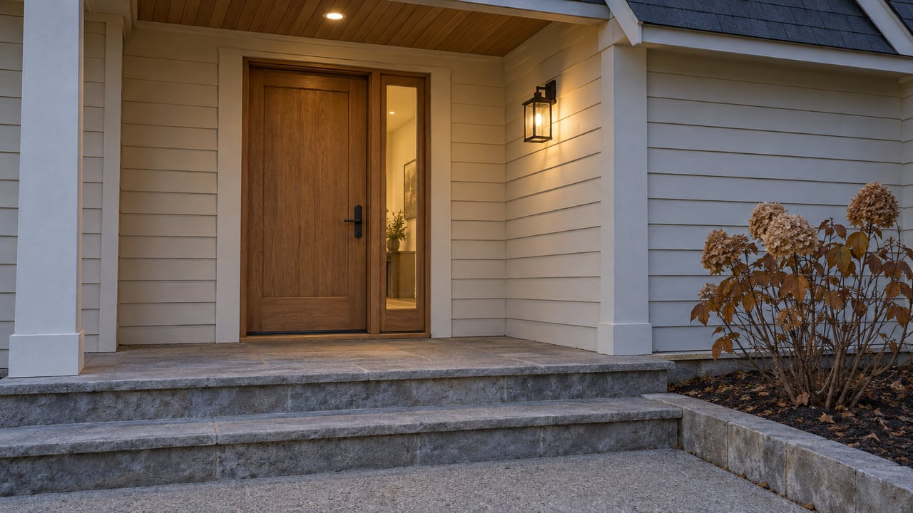 Warmly lit oak entry with ivory siding, worn limestone steps, and a late-autumn oakleaf hydrangea.