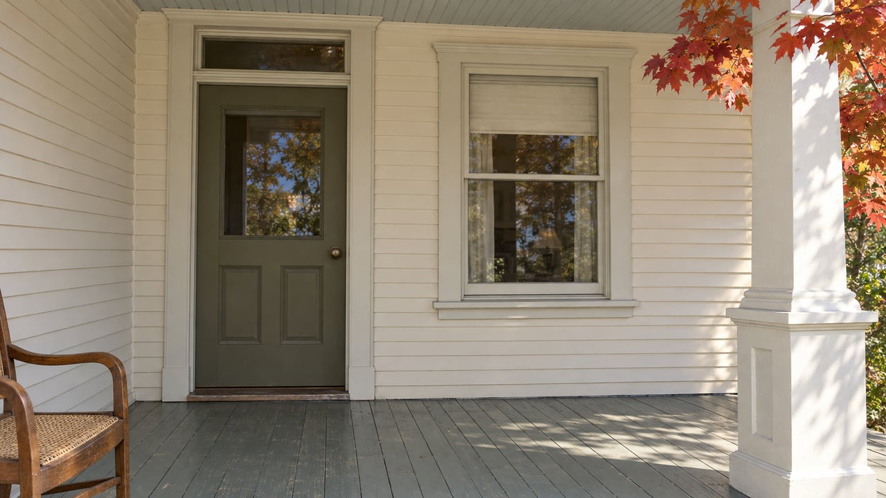 An ivory-sided home's sheltered porch with a muted olive door, sash window, worn painted floorboards and a cane-seat chair in autumn light.