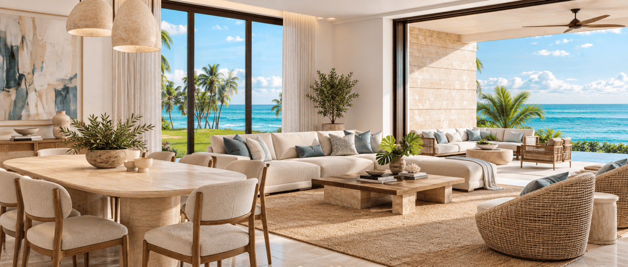 Oceanfront living room with floor-to-ceiling windows, neutral furnishings, and an adjoining terrace.
