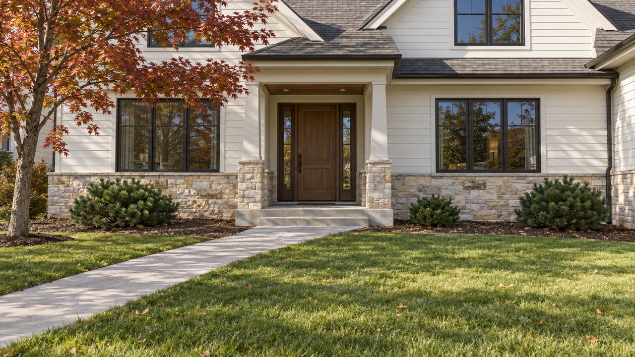 A sunlit two-story home with light siding, limestone accents, a recessed oak entry and an autumn maple beside a deep front lawn.