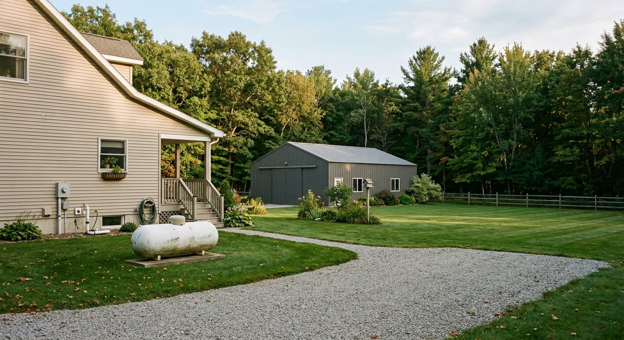 Ranch house and tan barn flank a mowed lawn, with a white propane tank.