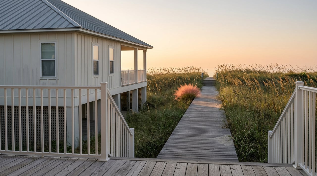 Raised coastal house with a wooden walkway winding through sea oats at dawn.