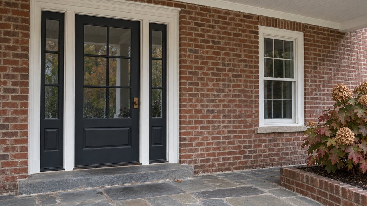 Close view of a brick home's sheltered glass entry, white porch millwork, worn blue-gray stone and an autumn oakleaf hydrangea.