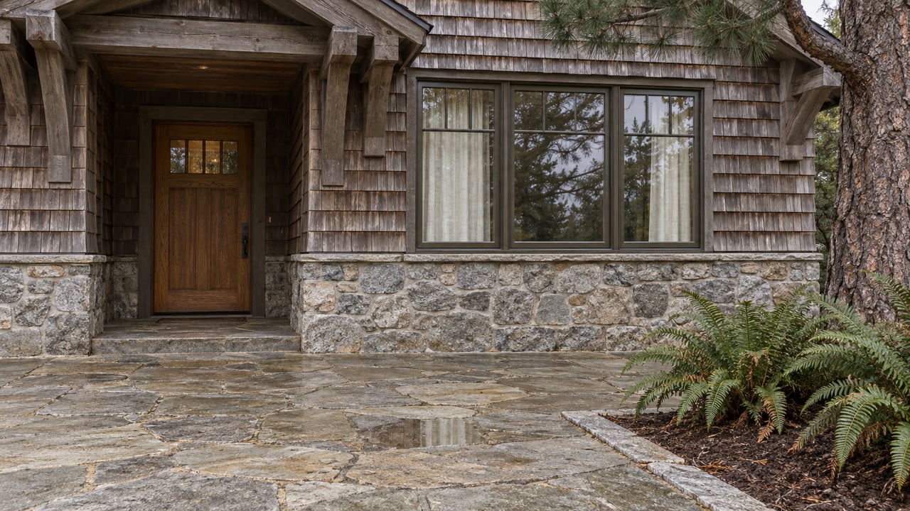 Weathered cedar-shingle home with an oak entry door, bronze-framed window, granite base and damp flagstone terrace beside a mature pine and sword ferns.