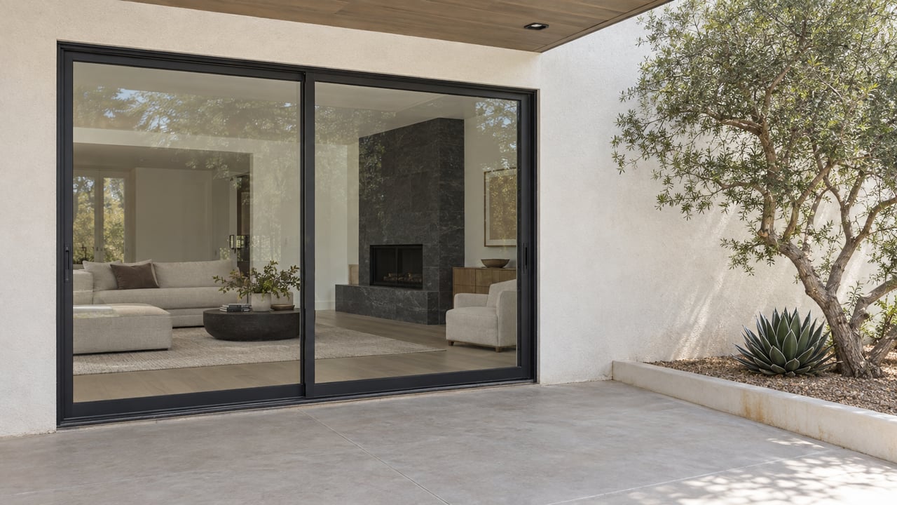 Closed black-framed sliding glass door in a pale stucco wall, beside a desert tree and agave.
