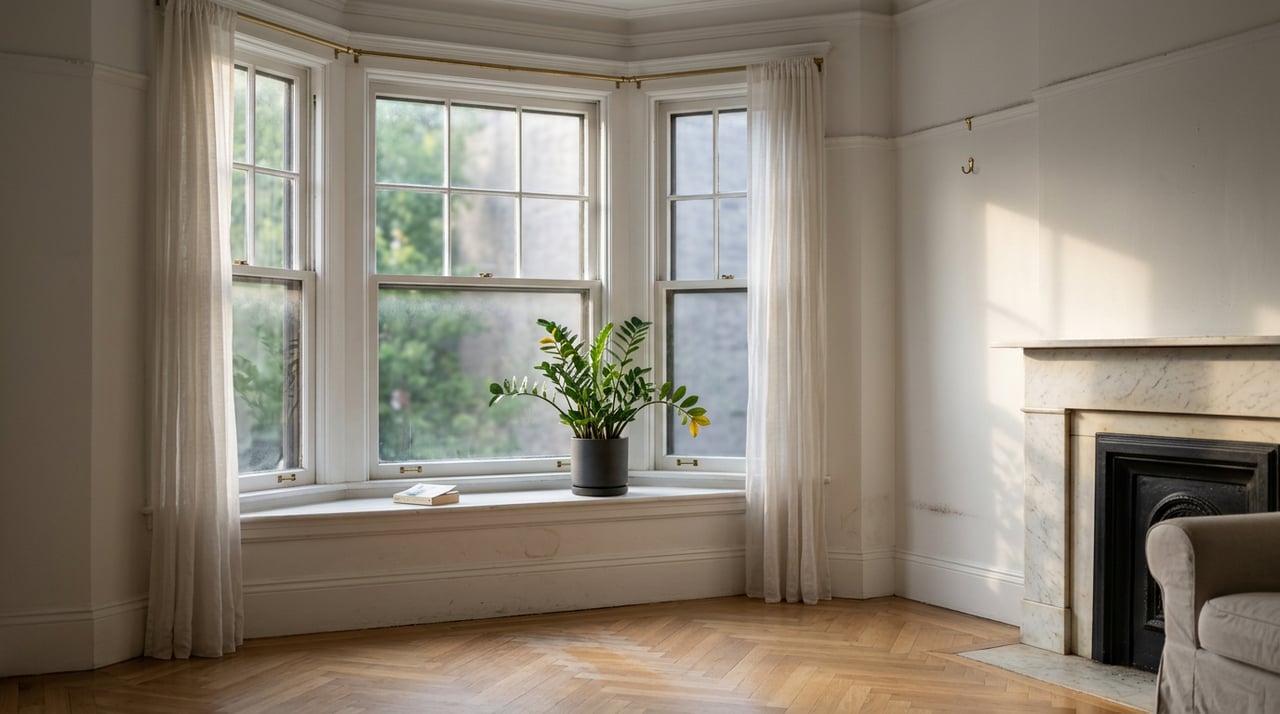 Parlor bay window with sheer curtains, a potted ZZ plant, and a marble fireplace.