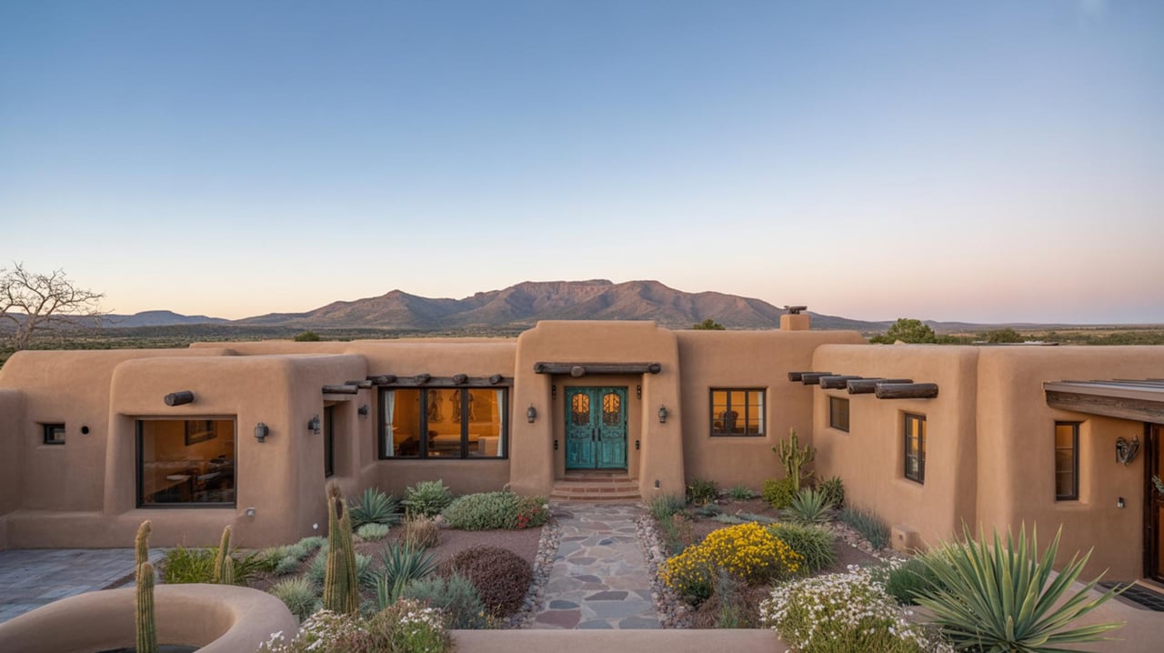 Low adobe home with turquoise double doors, desert garden, and distant mountain ridge.
