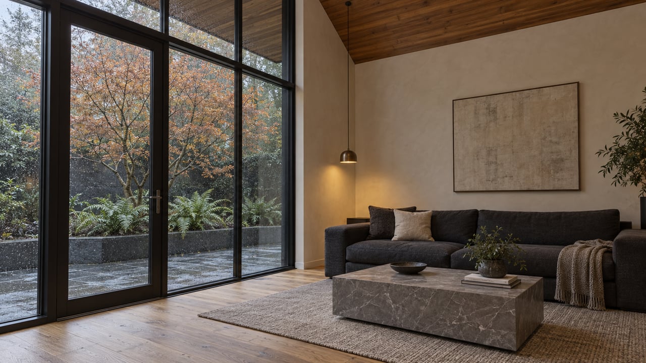 A contemporary living room with cedar ceiling, charcoal sofa, oak floors and black-framed windows overlooking a wet stone terrace and copper-leaved maple.