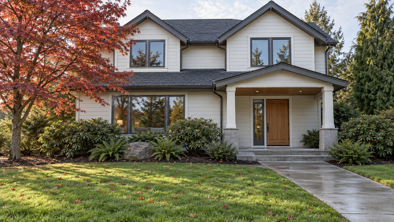 Two-story gabled home across a deep autumn lawn, with an oak entrance, copper-red maple and carefully edged planting beds.