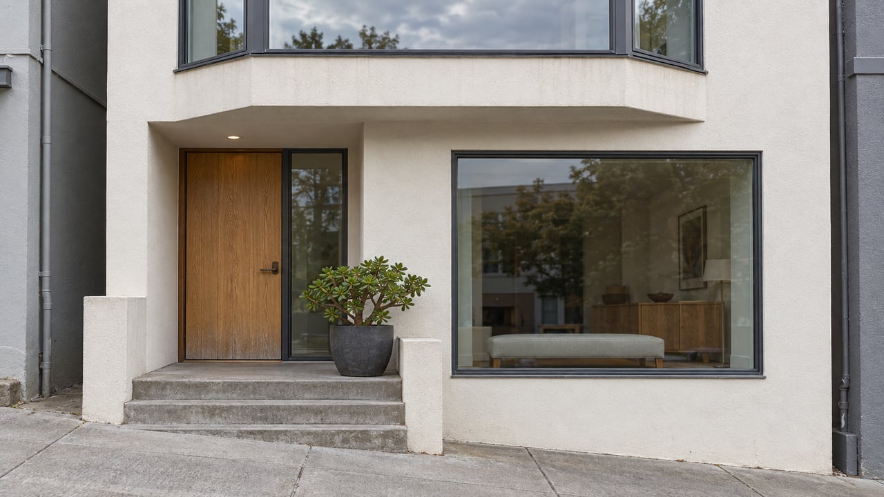 Updated narrow home with a projecting glazed bay, oak entry door, concrete steps and a jade plant beside the landing.