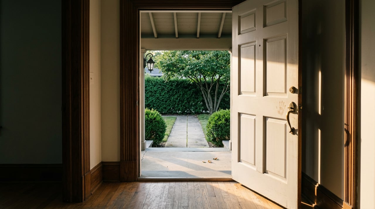 Open six-panel door frames a sunlit stone stoop, paved walk, clipped hedges, and a leafy tree.