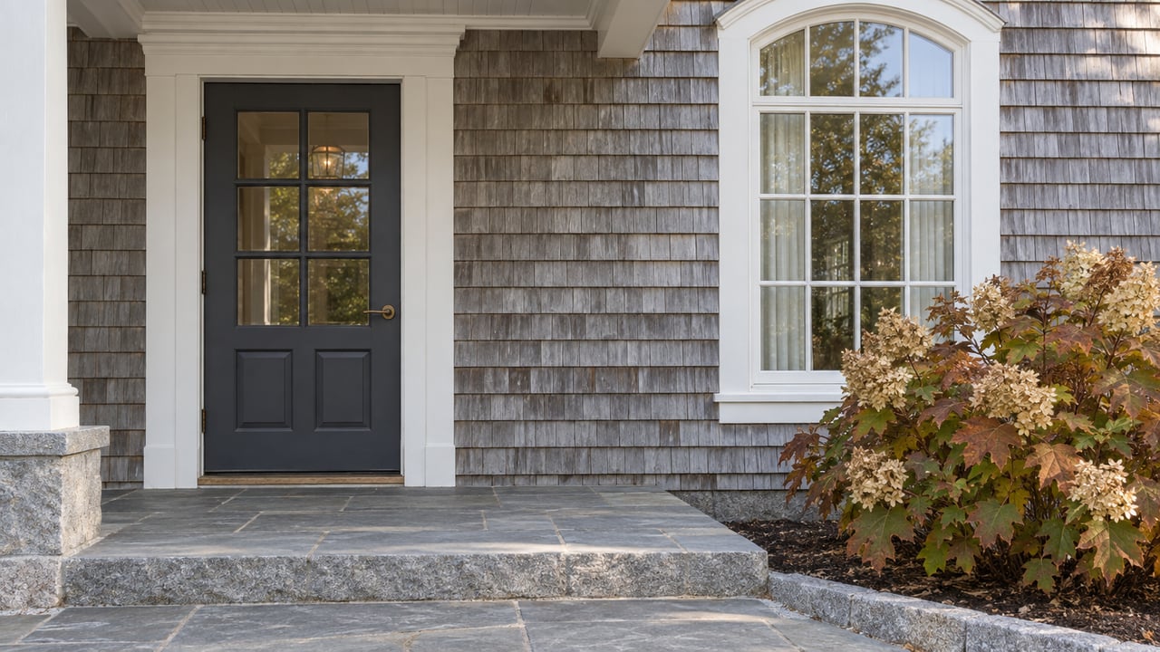 Home entrance with a dark paneled door, arched window, stone steps, and autumn foliage.