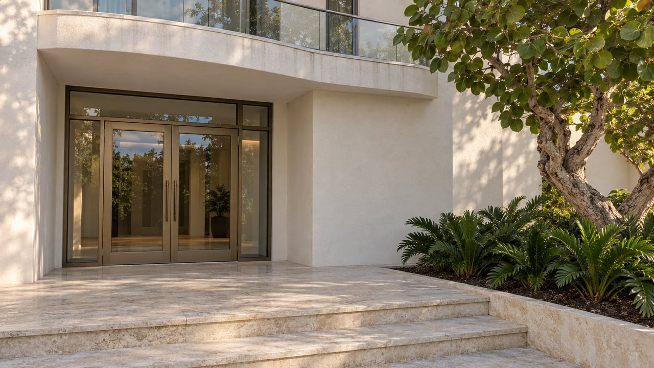 Sunlit white-stucco condominium entrance with bronze-framed glass doors, a curved glass balcony, limestone steps and sculptural sea grape planting.