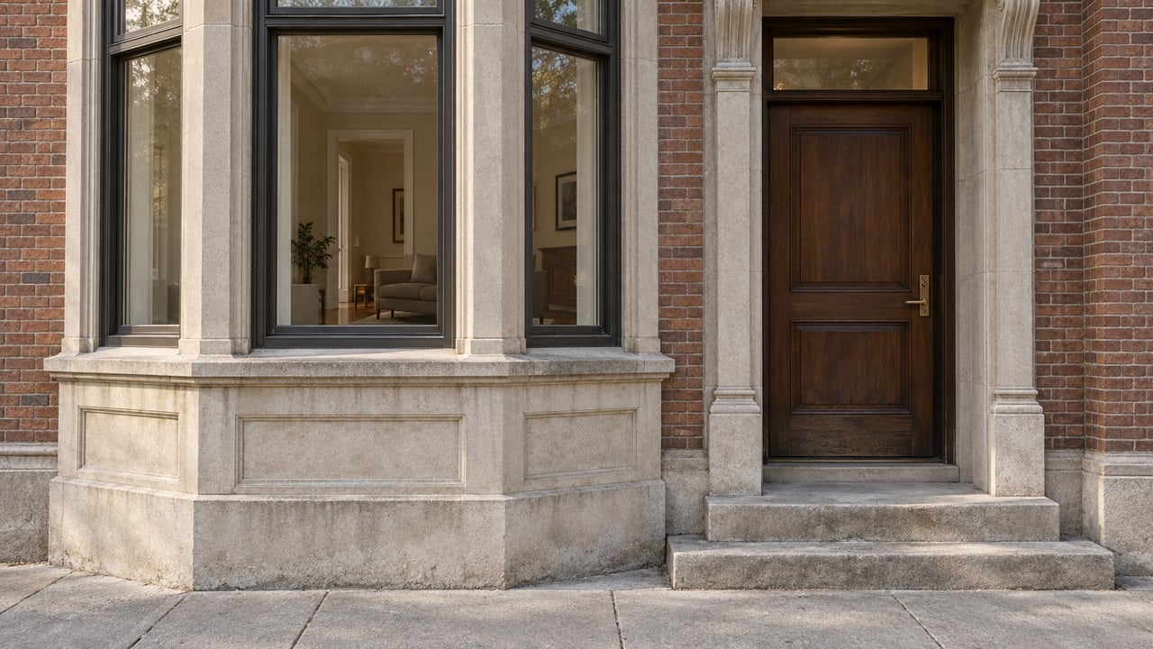 Close view of a red-brown brick residential facade with pale limestone bay windows, a recessed walnut door, and worn stone entry steps.
