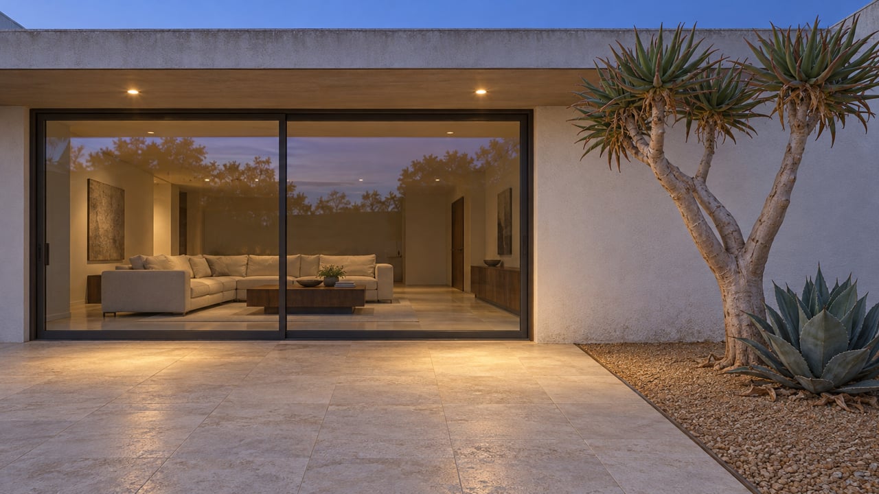A white flat-roof home opens through bronze-framed glass onto a limestone courtyard, with warm evening lighting and a sculptural branching succulent tree.