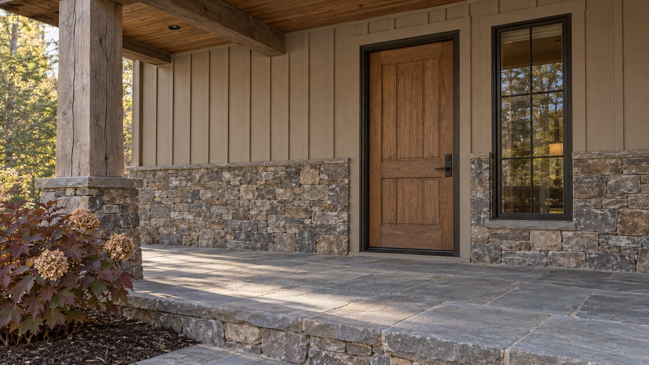 Covered home entry with an oak door, stacked-stone wall, bluestone paving and burgundy oakleaf hydrangea.