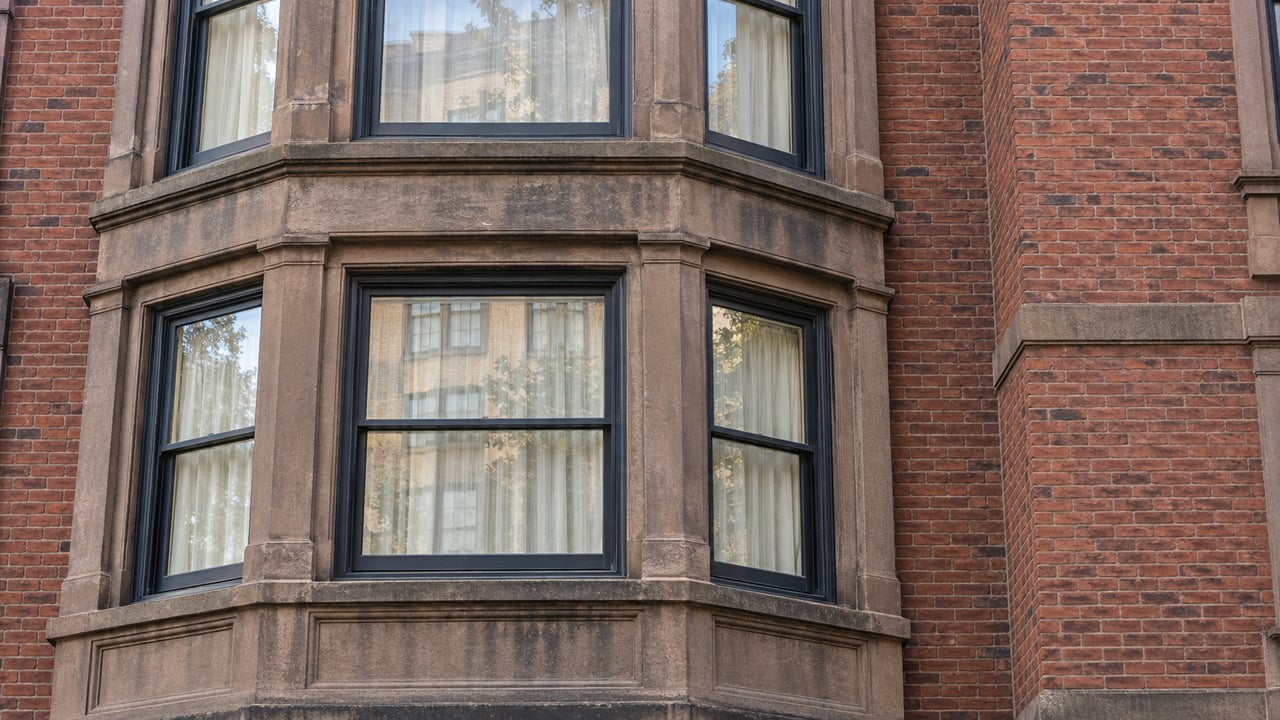 Tall dark-framed sash windows in a weathered sandstone bay set into russet brick townhouse masonry.
