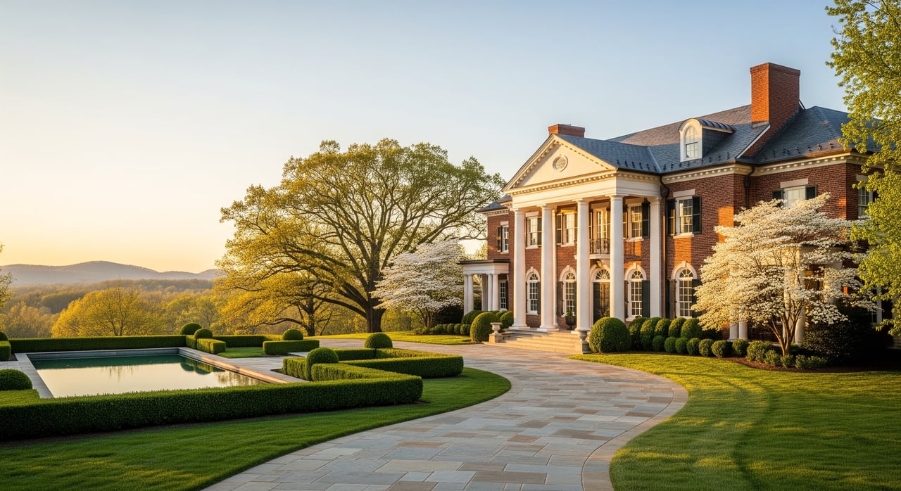 Red-brick mansion with white columns, a curving stone path, clipped hedges, and a reflecting pool.