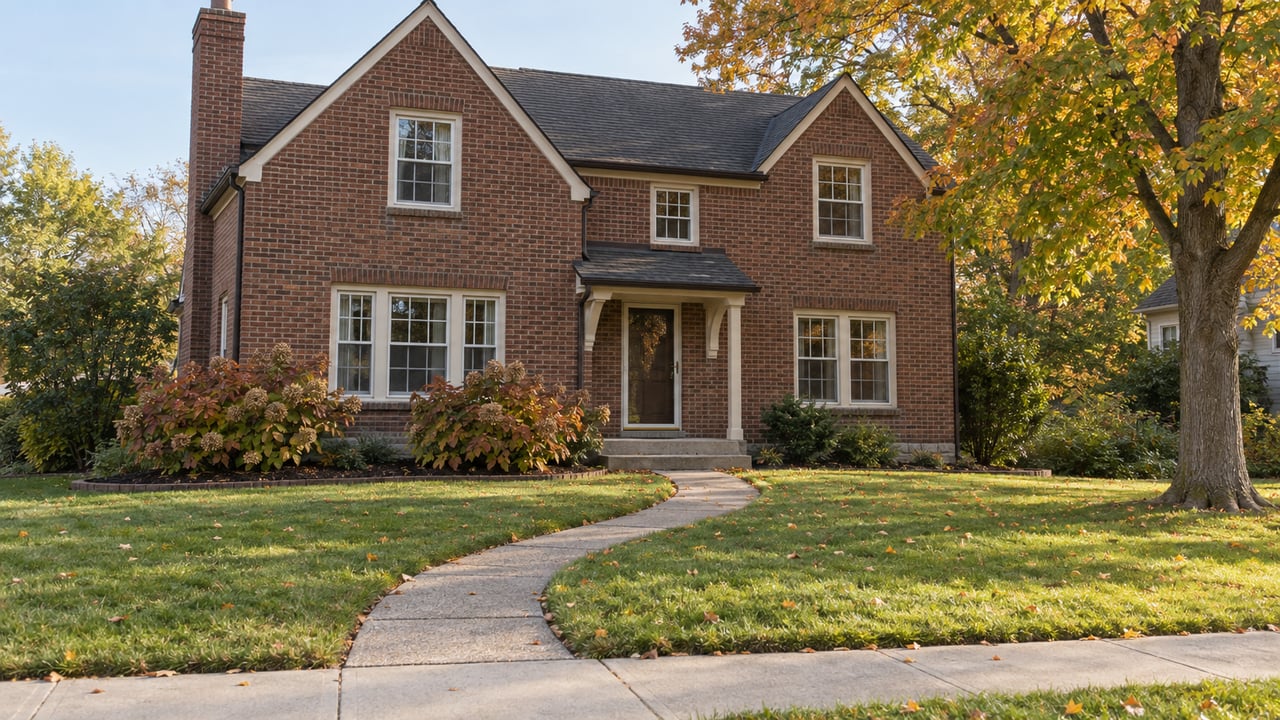 Traditional two-story brick home behind a deep lawn and curved walkway, with an amber-leaved maple at the right.